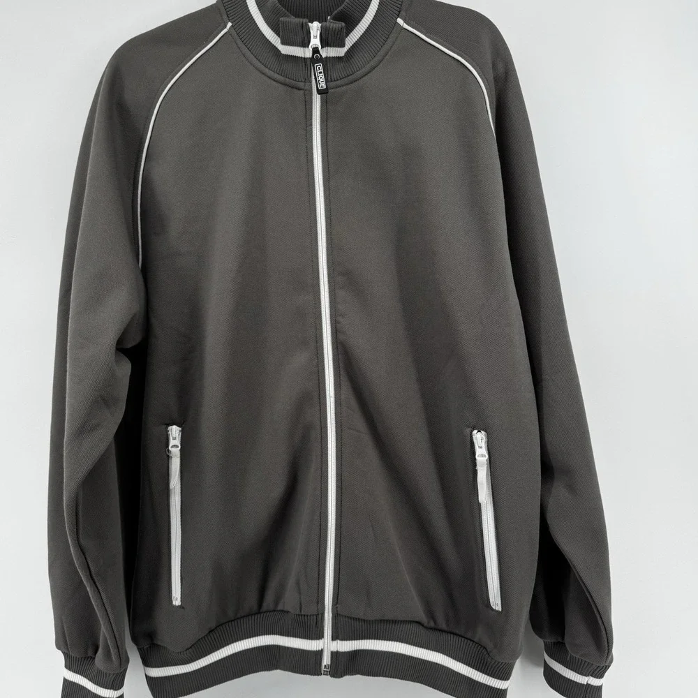 Clique Craig Mens Large Full Zip Jacket Gray White Trim Sweatshirt Fleece Lining